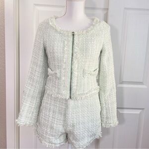 Mint green tweed bow jacket and short set